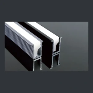 GD-004 recessed LED aluminum profile showing a narrow upright light opening and a ribbed housing with diffuser and catalogue finish examples.