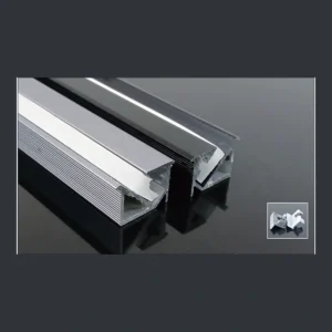 GD-007 recessed LED aluminum profile showing an inclined light bed within a ribbed section with diffuser and catalogue finish examples.
