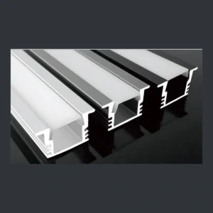 GD-015 recessed LED aluminum profile showing a broad top lip over a relatively shallow light cavity with diffuser and catalogue finish examples.