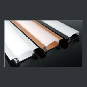 GD-017 recessed LED aluminum profile showing a low section and a shaped diffuser interface with diffuser and catalogue finish examples.