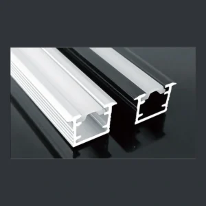 GD-023 recessed LED aluminum profile showing a small rectangular body with projecting top edges with diffuser and catalogue finish examples.