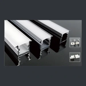 KK-024 recessed LED aluminum profile showing a small rectangular cavity and short upper flanges with diffuser and catalogue finish examples.