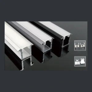 KK-025 recessed LED aluminum profile showing a stepped upper cover interface over a narrow housing with diffuser and catalogue finish examples.