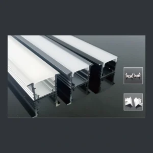 KK-026 recessed LED aluminum profile showing a low rectangular body with projecting cover edges with diffuser and catalogue finish examples.