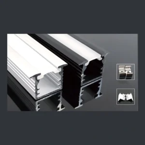 KK-027 recessed LED aluminum profile showing a narrow deep chamber with a flanged top with diffuser and catalogue finish examples.