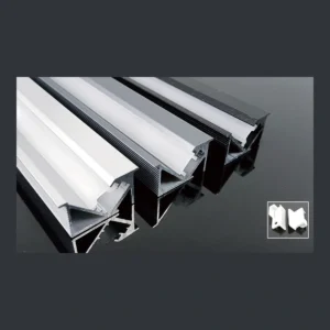 KK-028 recessed LED aluminum profile showing a diagonal LED mounting bed in an angular body with diffuser and catalogue finish examples.