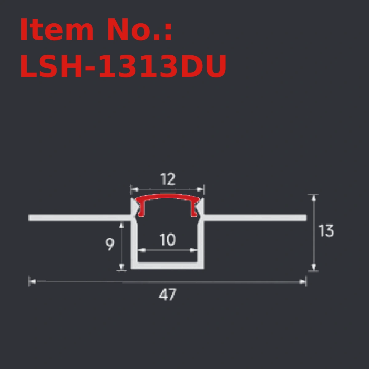LSH-1313DU plaster-in LED profile section drawing with catalog dimension labels