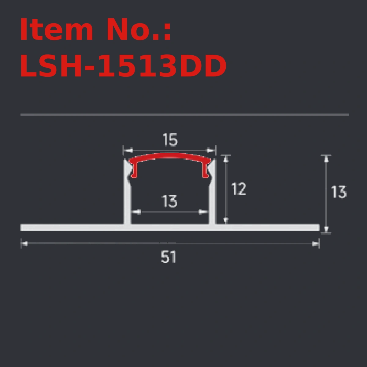 LSH-1513DD plaster-in LED profile section drawing with catalog dimension labels