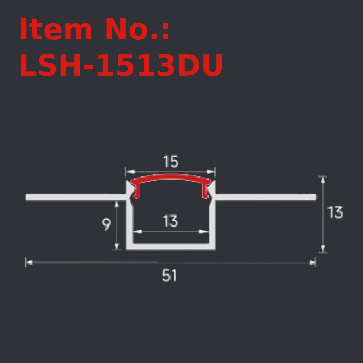 LSH-1513DU plaster-in LED profile section drawing with catalog dimension labels