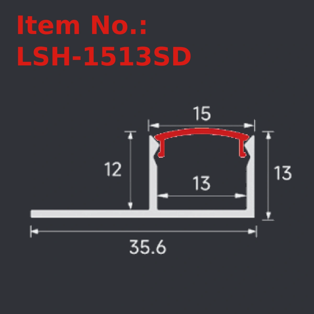 LSH-1513SD plaster-in LED profile section drawing with catalog dimension labels