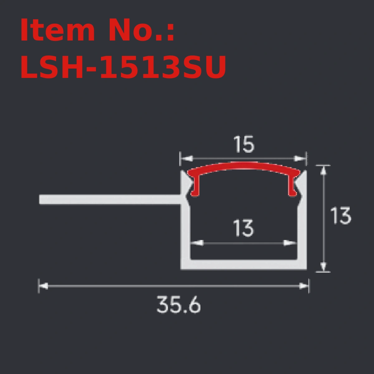 LSH-1513SU plaster-in LED profile section drawing with catalog dimension labels