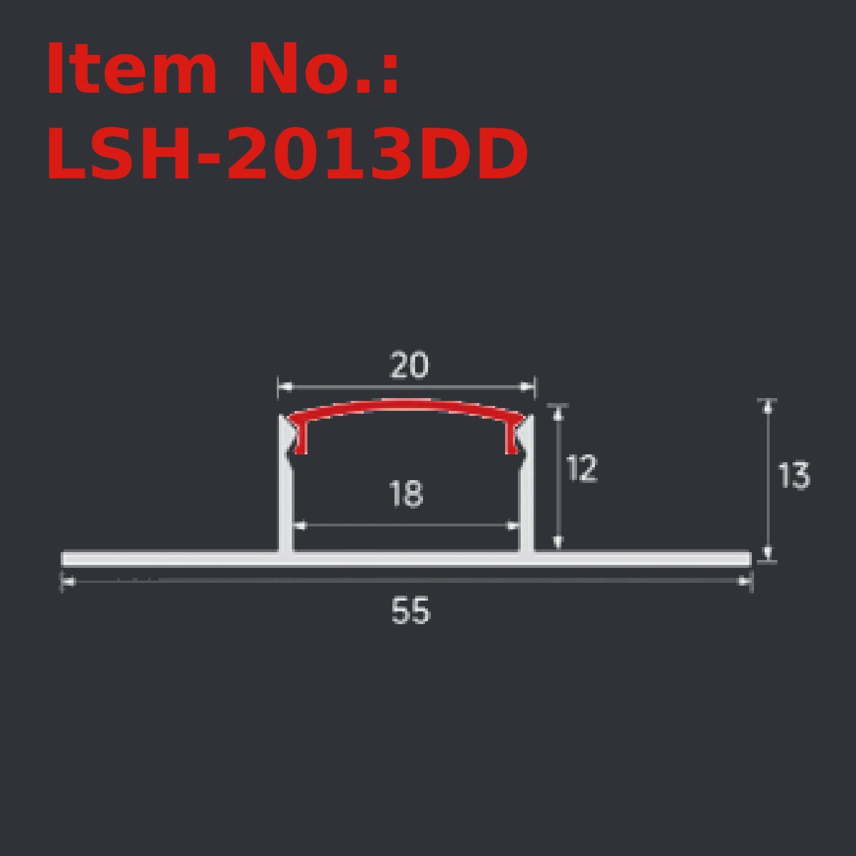 LSH-2013DD plaster-in LED profile section drawing with catalog dimension labels