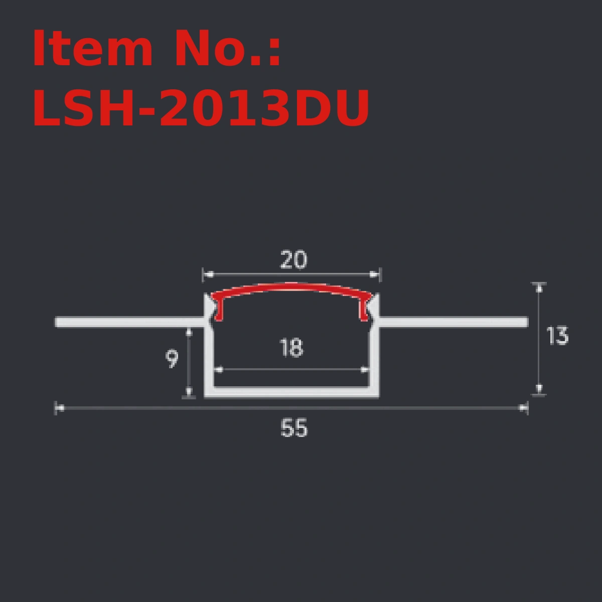 LSH-2013DU plaster-in LED profile section drawing with catalog dimension labels