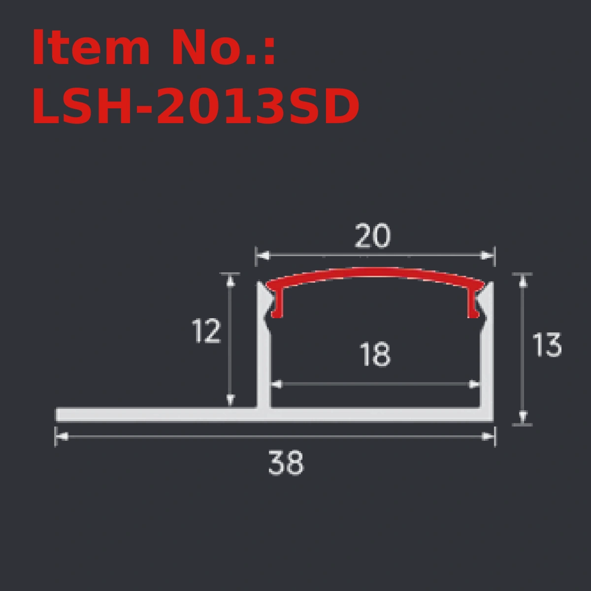 LSH-2013SD plaster-in LED profile section drawing with catalog dimension labels