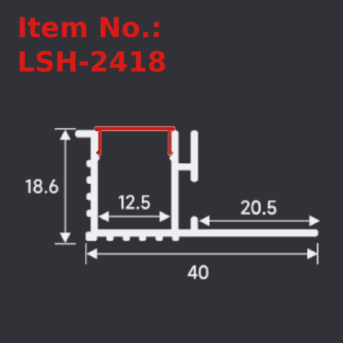LSH-2418 plaster-in LED profile section drawing with catalog dimension labels