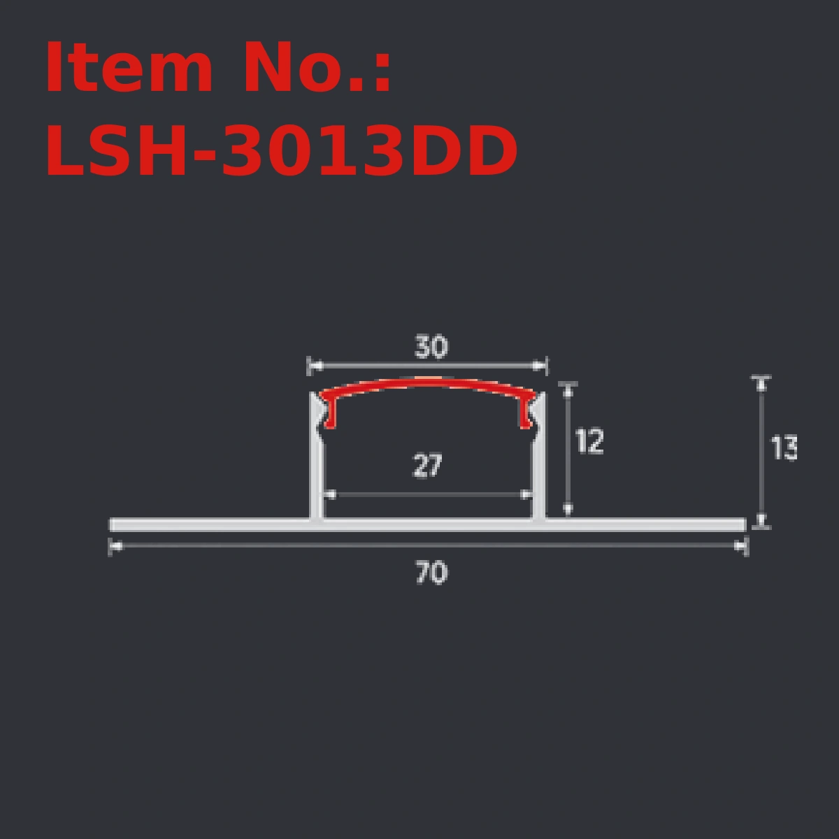 LSH-3013DD plaster-in LED profile section drawing with catalog dimension labels