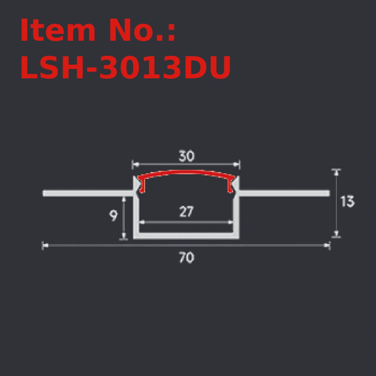 LSH-3013DU plaster-in LED profile section drawing with catalog dimension labels