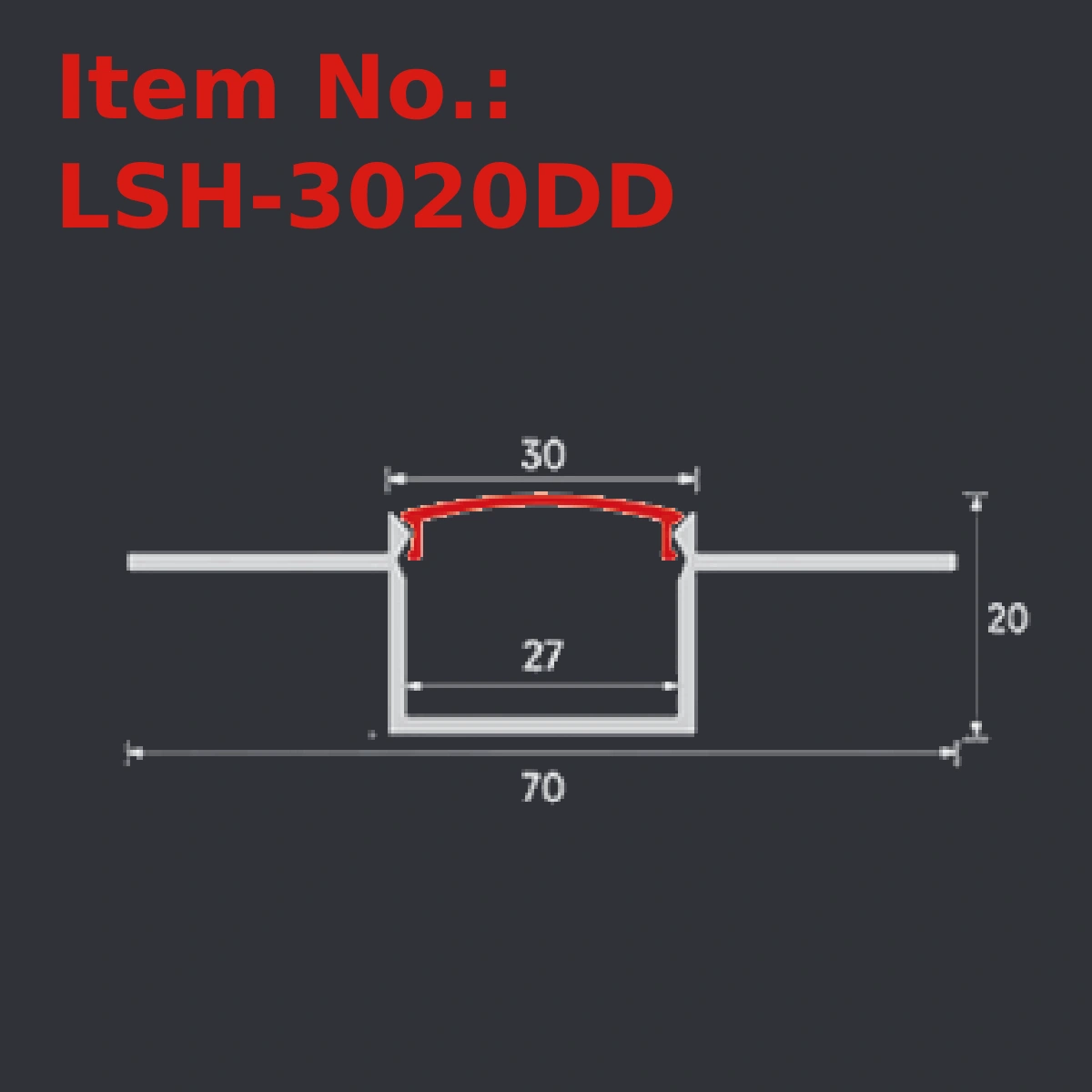 LSH-3020DD plaster-in LED profile section drawing with catalog dimension labels