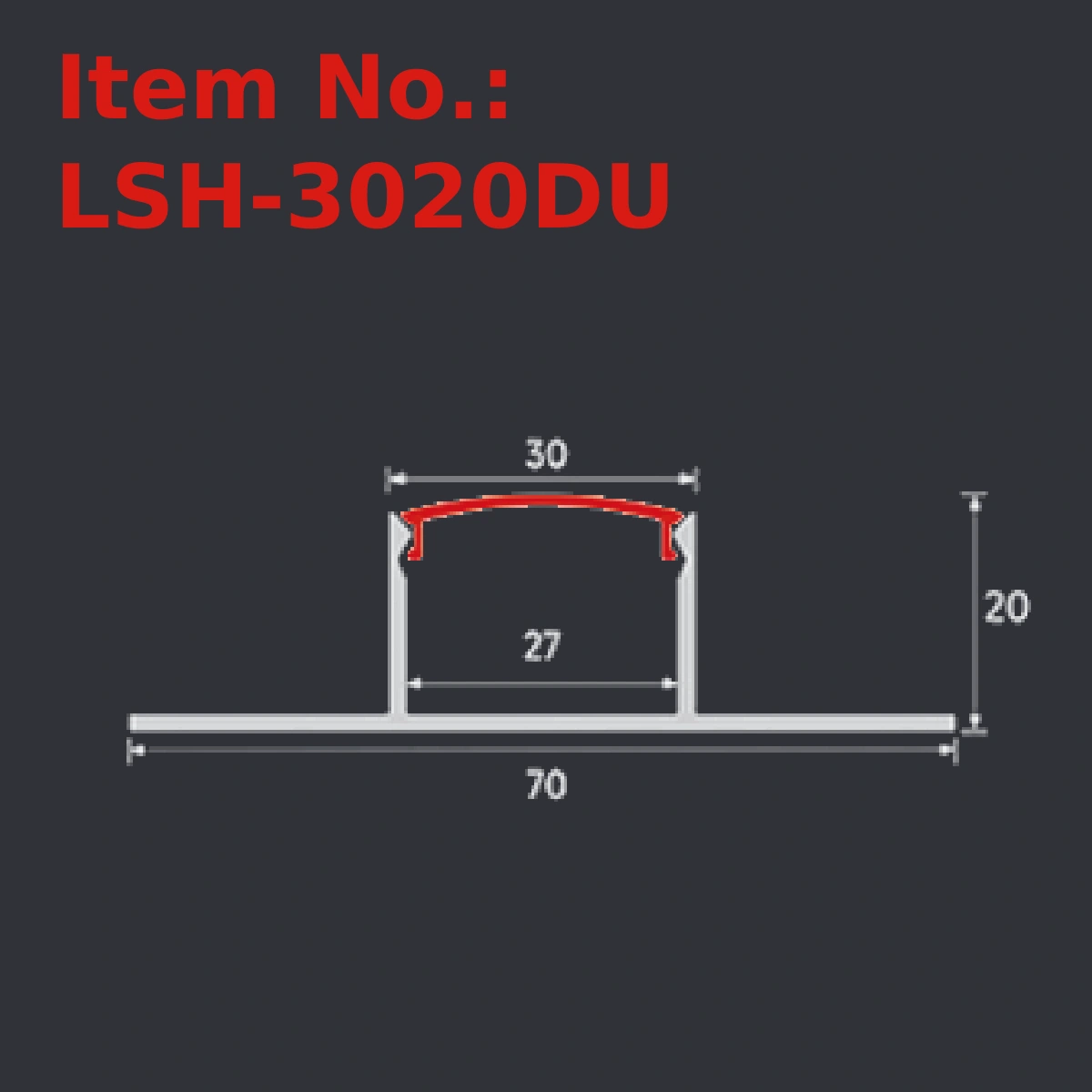 LSH-3020DU plaster-in LED profile section drawing with catalog dimension labels