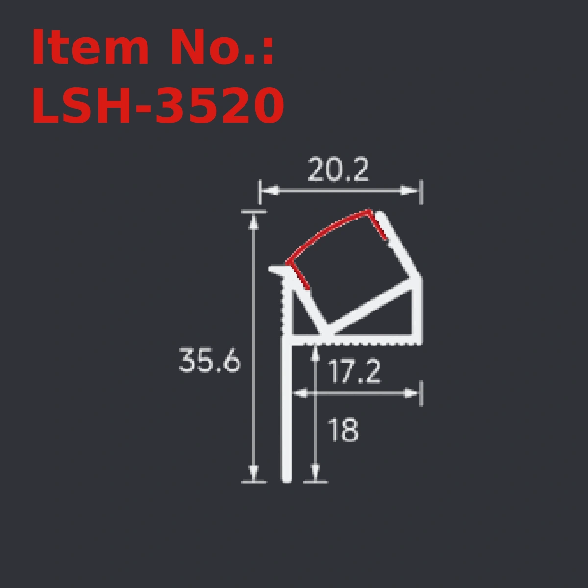 LSH-3520 plaster-in LED profile section drawing with catalog dimension labels
