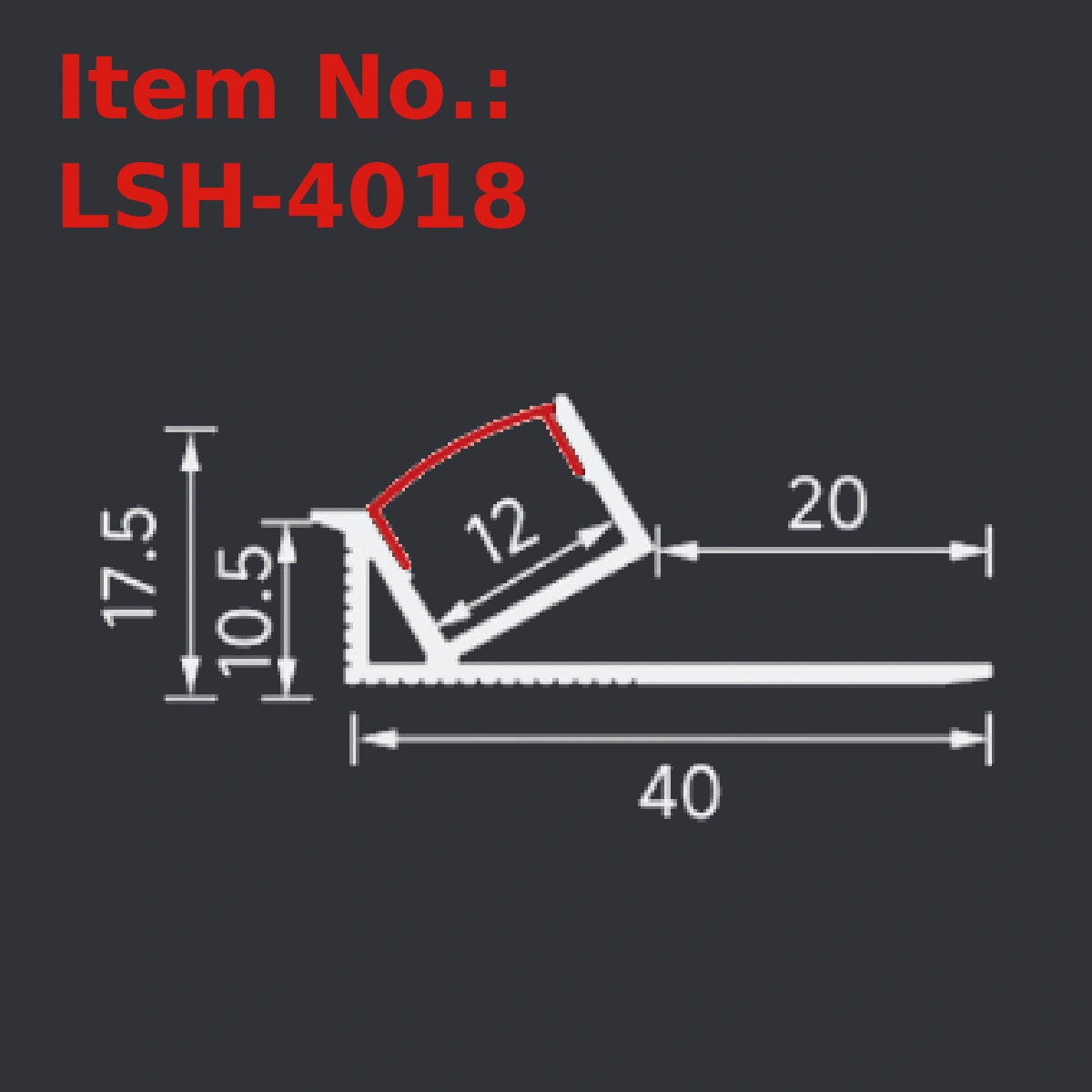 LSH-4018 plaster-in LED profile section drawing with catalog dimension labels