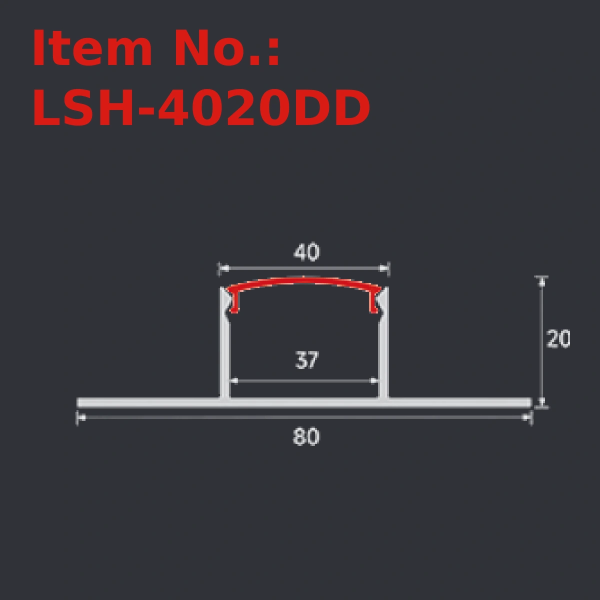 LSH-4020DD plaster-in LED profile section drawing with catalog dimension labels