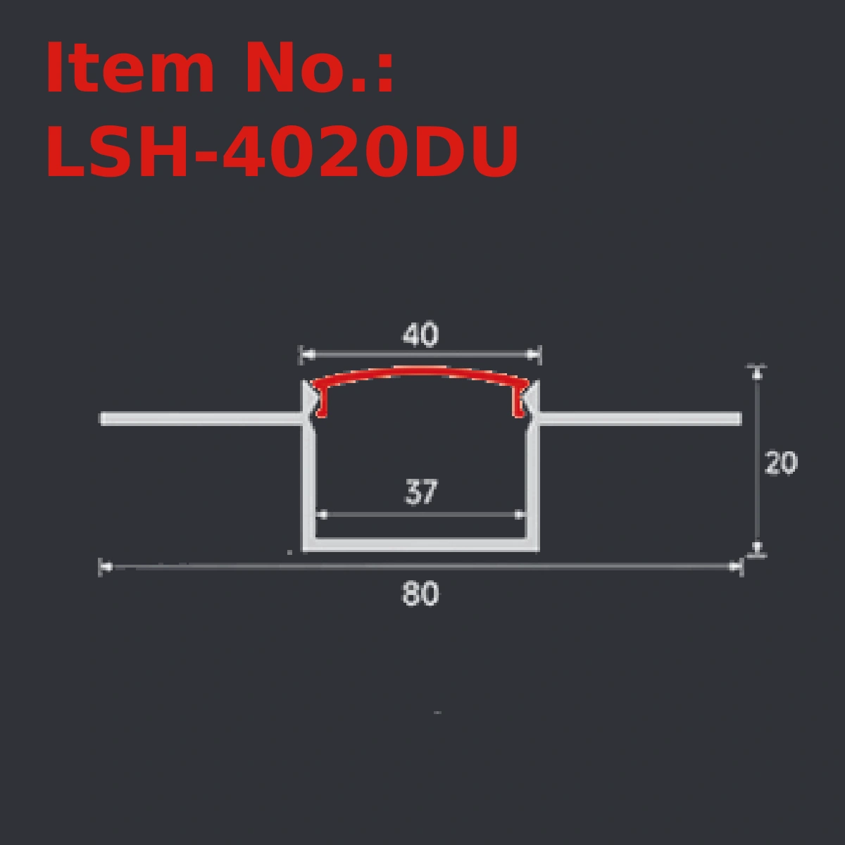 LSH-4020DU plaster-in LED profile section drawing with catalog dimension labels