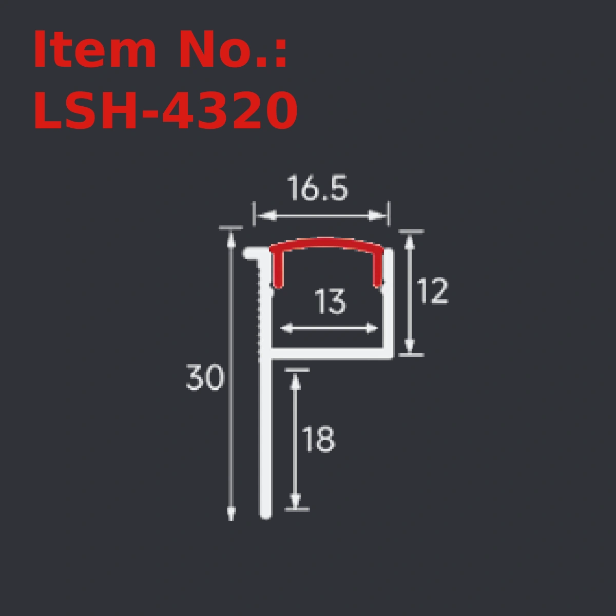 LSH-4320 plaster-in LED profile section drawing with catalog dimension labels