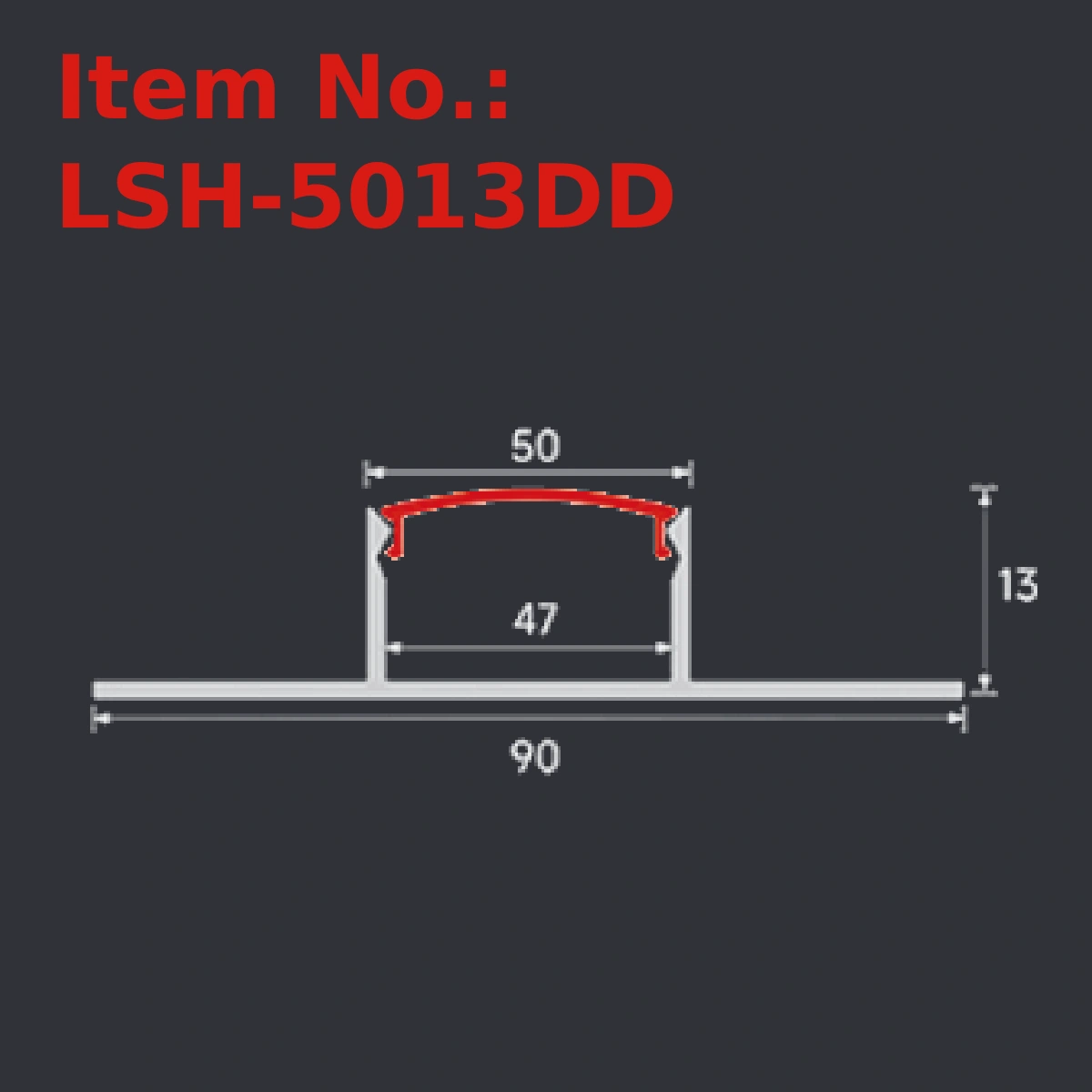 LSH-5013DD plaster-in LED profile section drawing with catalog dimension labels