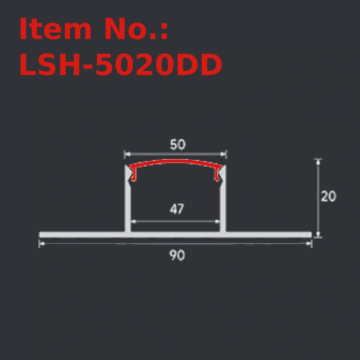 LSH-5020DD plaster-in LED profile section drawing with catalog dimension labels