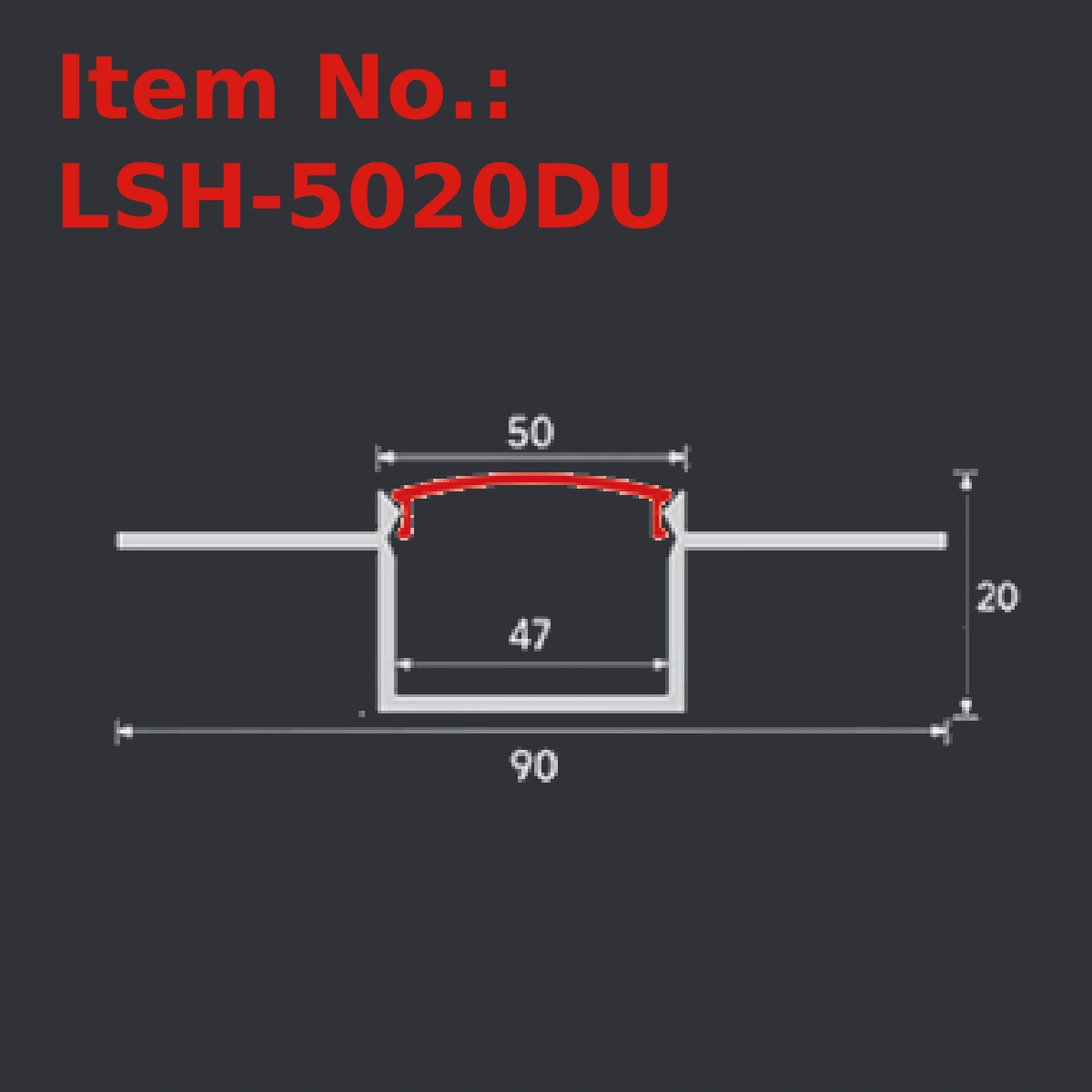 LSH-5020DU plaster-in LED profile section drawing with catalog dimension labels