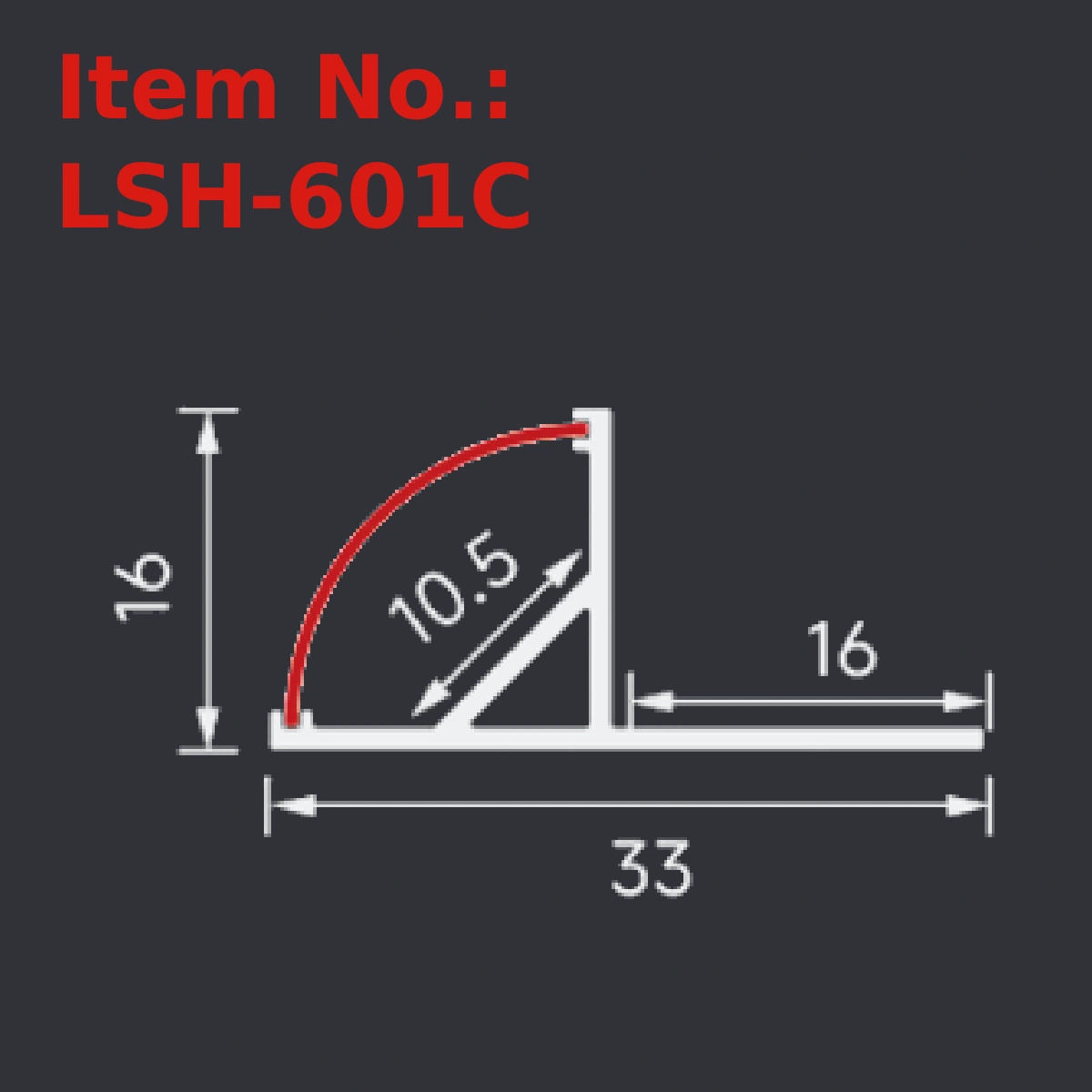 LSH-601C plaster-in LED profile section drawing with catalog dimension labels