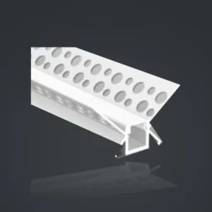 LSH-647 Plaster-in LED Corner Profile showing a corner-shaped section with perforated fixing wings