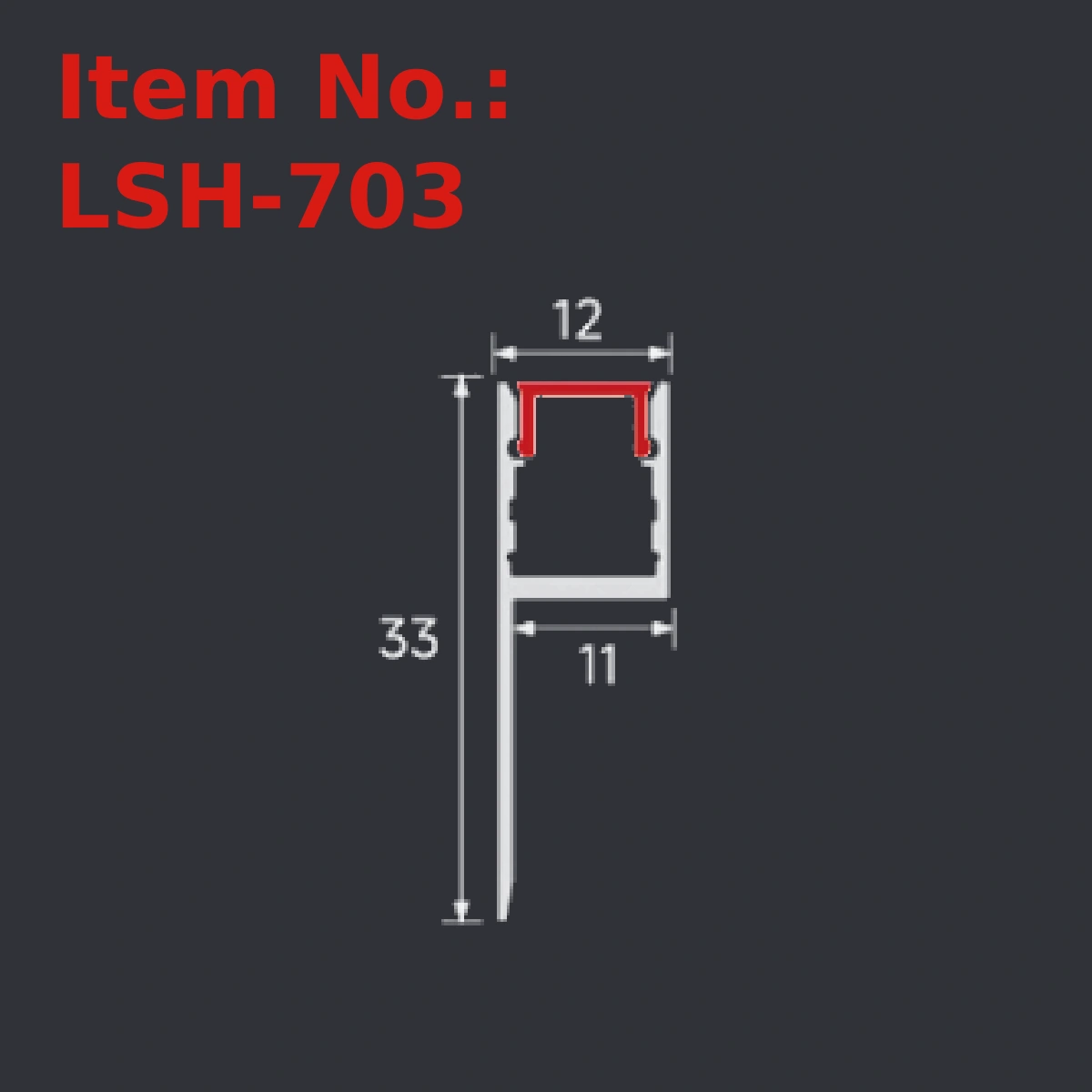 LSH-703 plaster-in LED profile section drawing with catalog dimension labels