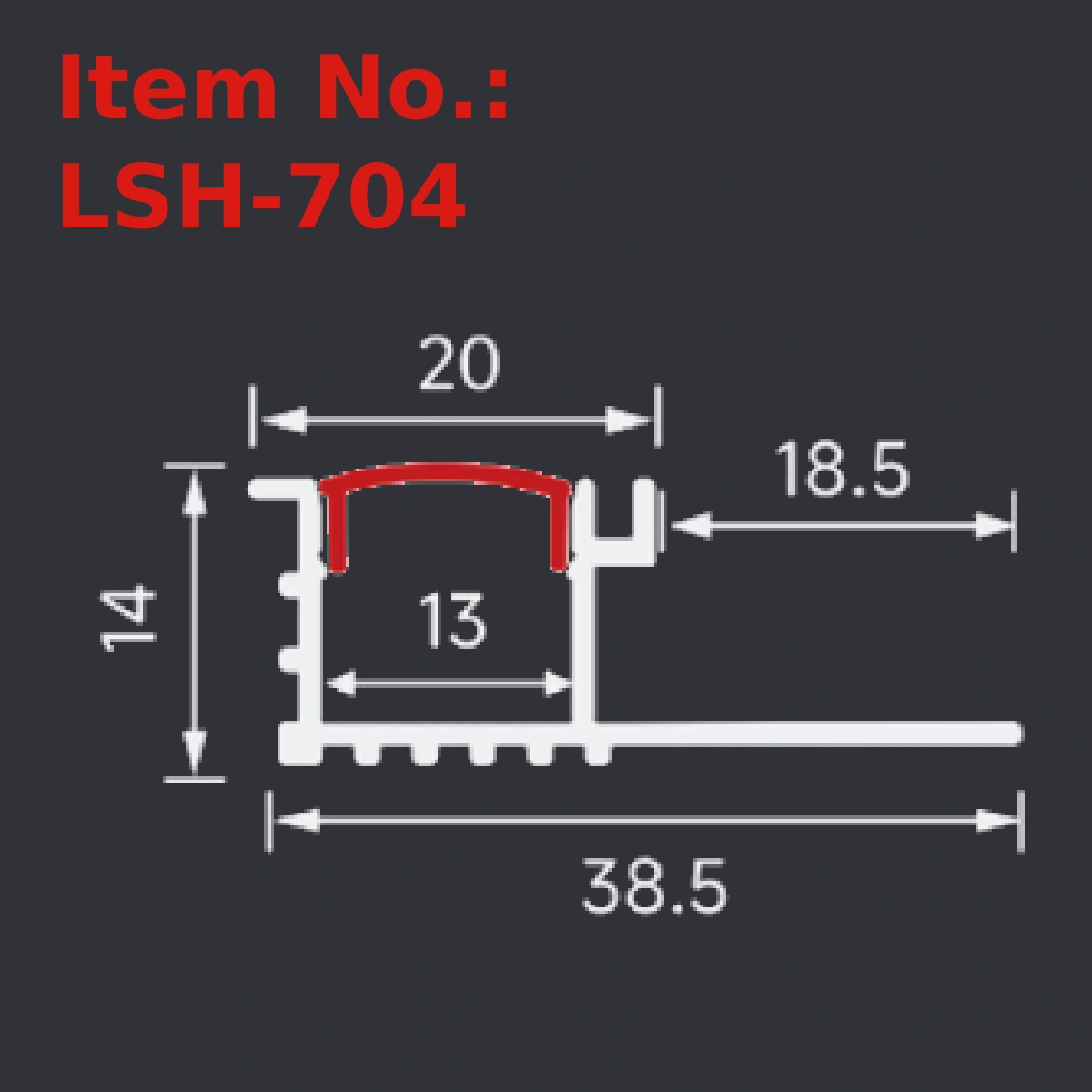 LSH-704 plaster-in LED profile section drawing with catalog dimension labels