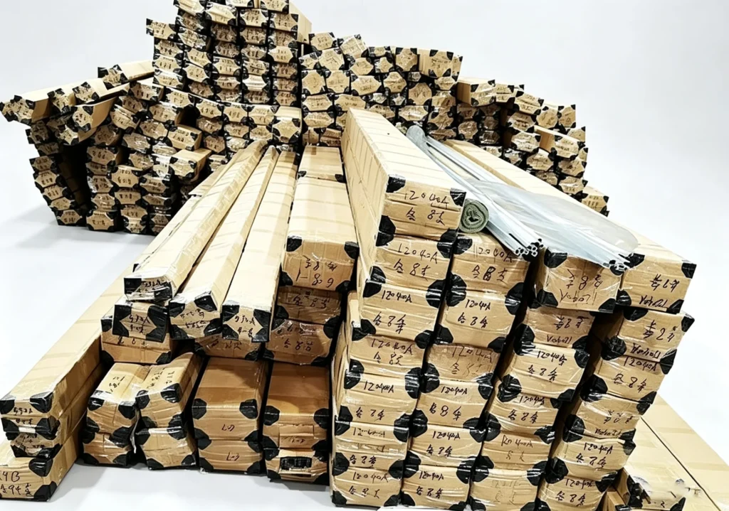 Long aluminum profile cartons reinforced with edge and corner protection