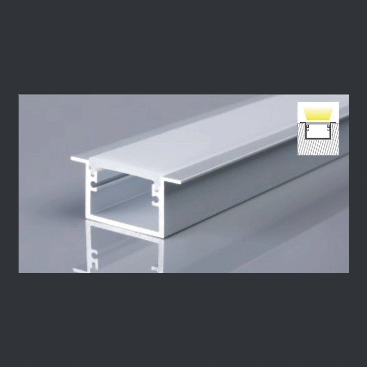 SDXT-558 recessed LED aluminum profile showing a broad top trim over a large rectangular chamber with diffuser and catalogue finish examples.