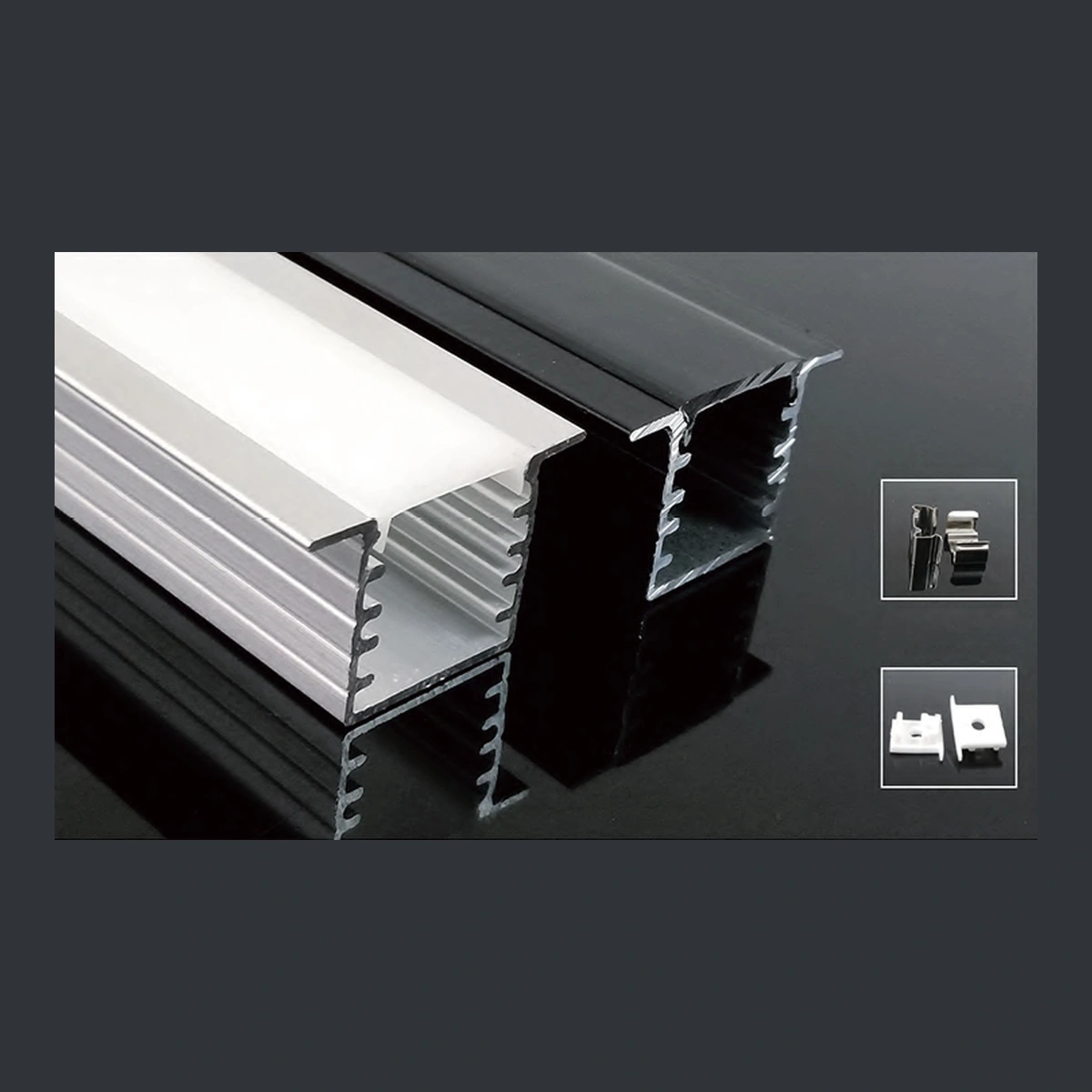 XT-375 recessed LED aluminum profile showing a rectangular channel with internal side ribs and a flanged top with diffuser and catalogue finish examples.